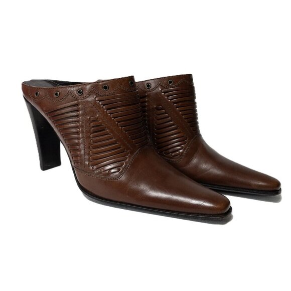 Via Spiga Brown Leather Heel Mules With Studded Detailing & Pointed Toe Size 7M - Picture 7 of 10